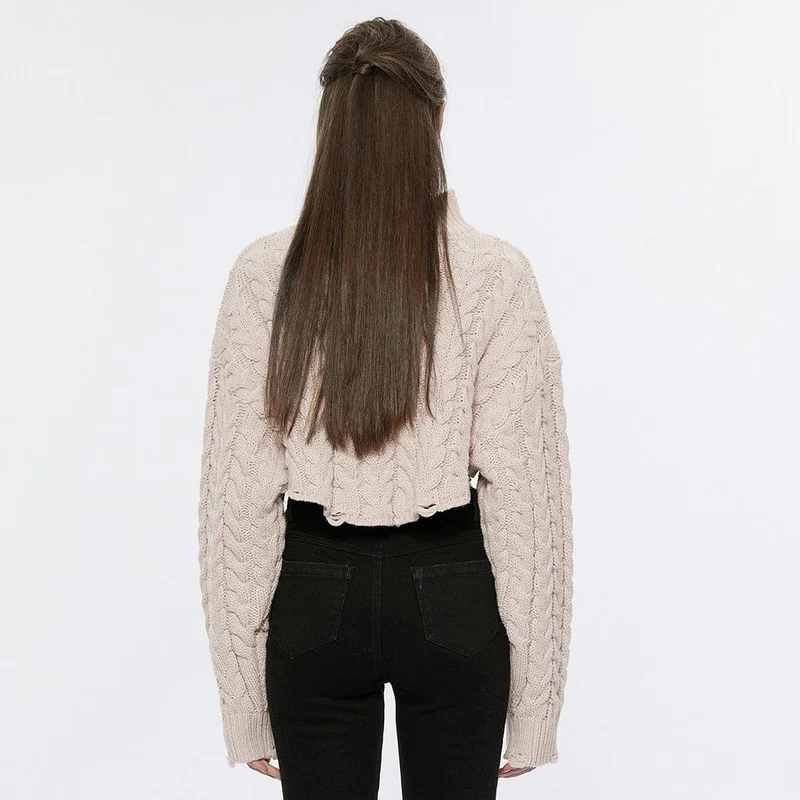 Damen Grunge Stehkragen Zopfmuster Kurzer Pullover