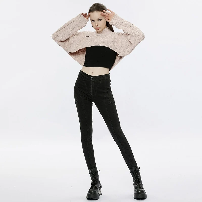 Damen Grunge Stehkragen Zopfmuster Kurzer Pullover