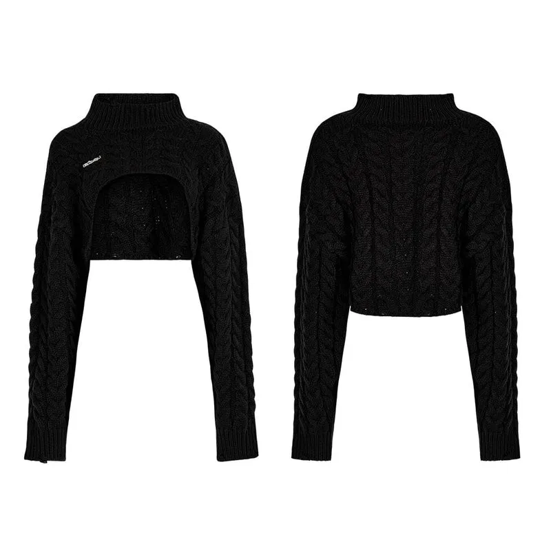 Damen Grunge Stehkragen Zopfmuster Kurzer Pullover