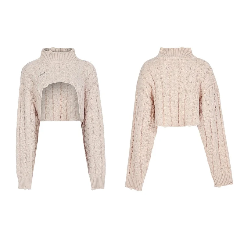Damen Grunge Stehkragen Zopfmuster Kurzer Pullover