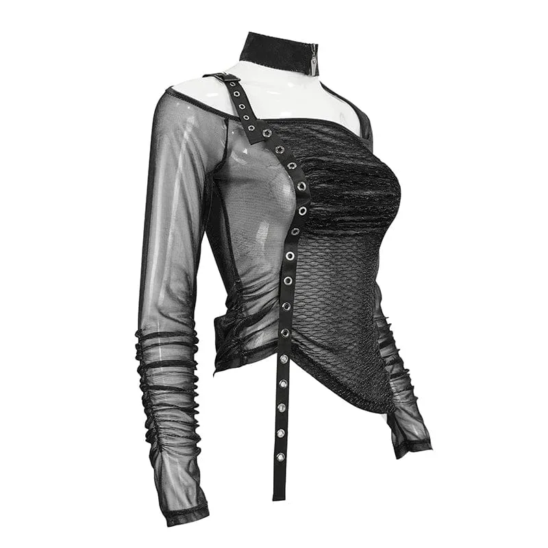 Durchsichtiges Damen-Punk-Stehkragen-Slash-Shoulder-Shirt