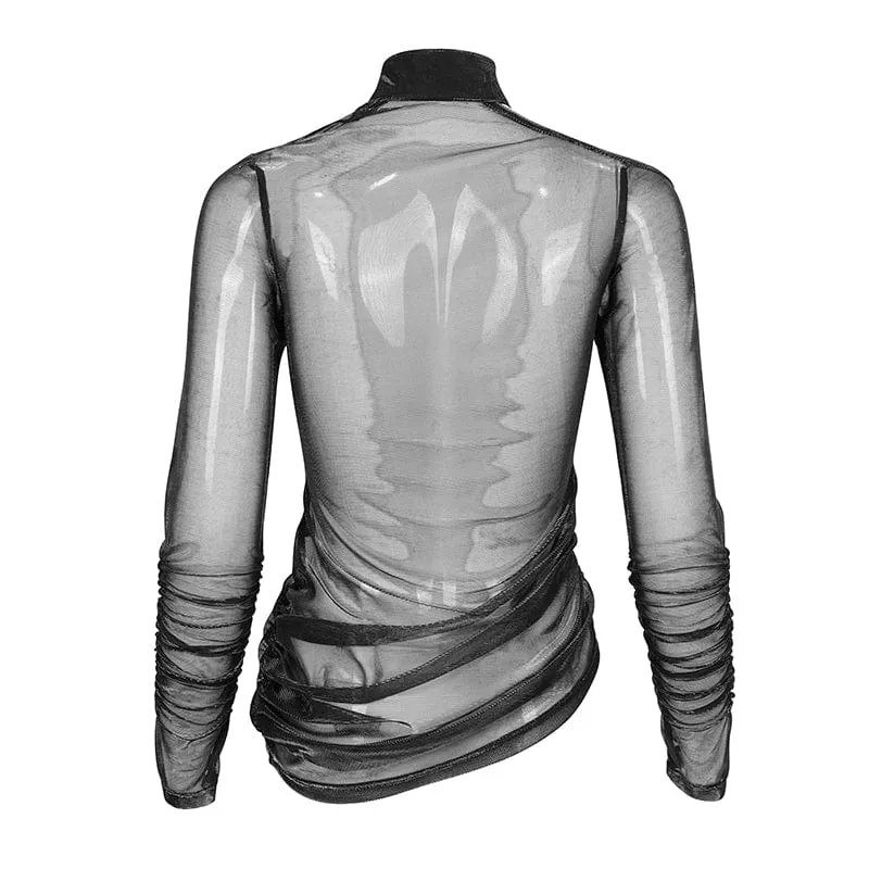 Durchsichtiges Damen-Punk-Stehkragen-Slash-Shoulder-Shirt