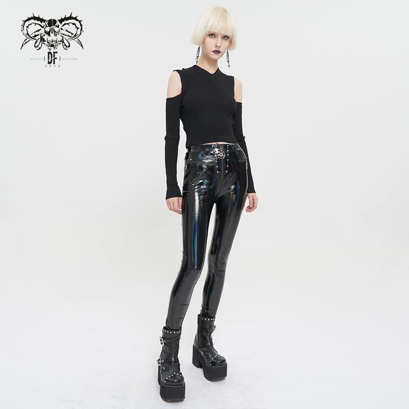 Damen Punk Off Shoulder Cutout Gestricktes Langärmliges Crop Top