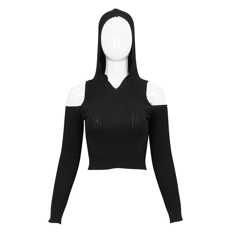 Damen Punk Off Shoulder Cutout Gestricktes Langärmliges Crop Top