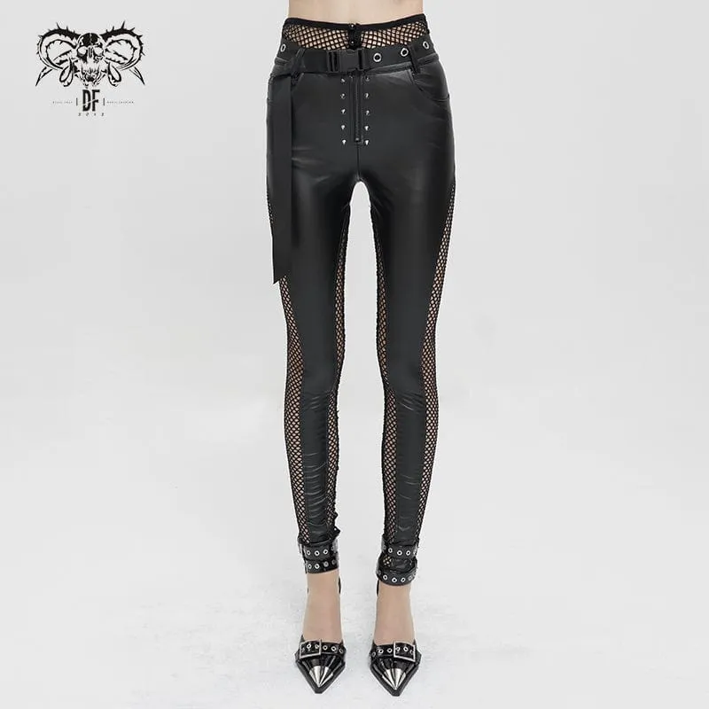 Damen Punk Mesh Splice Nieten Leggings mit Gürtel