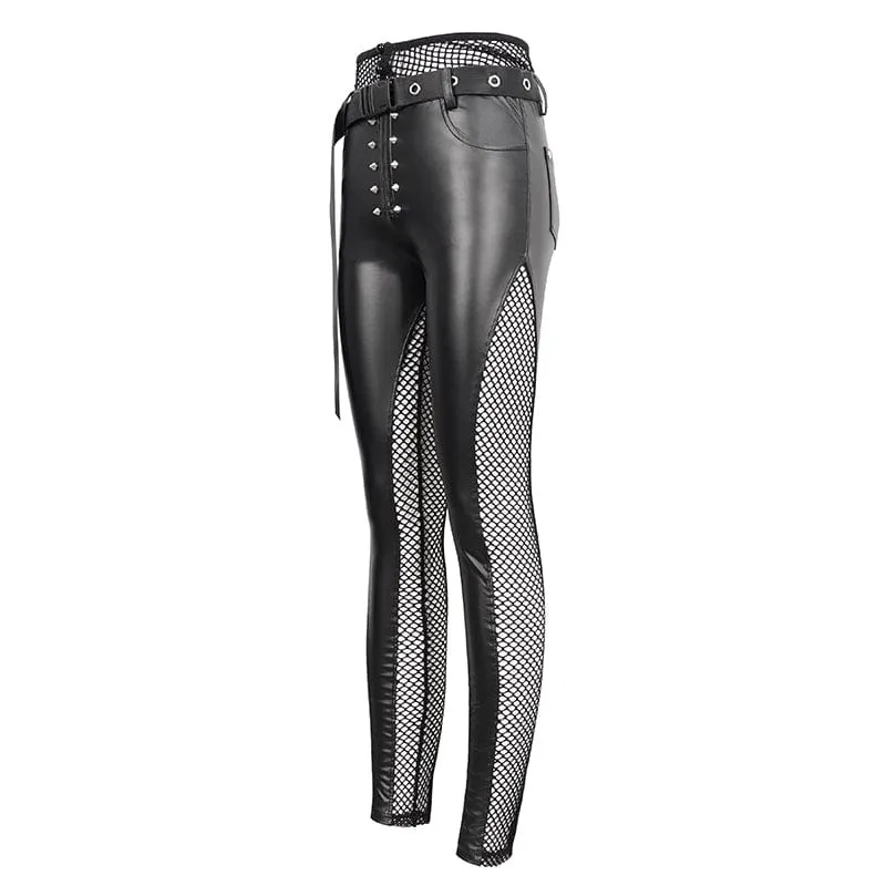 Damen Punk Mesh Splice Nieten Leggings mit Gürtel