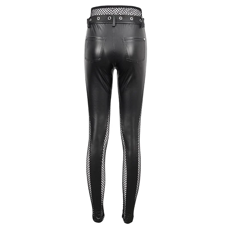 Damen Punk Mesh Splice Nieten Leggings mit Gürtel