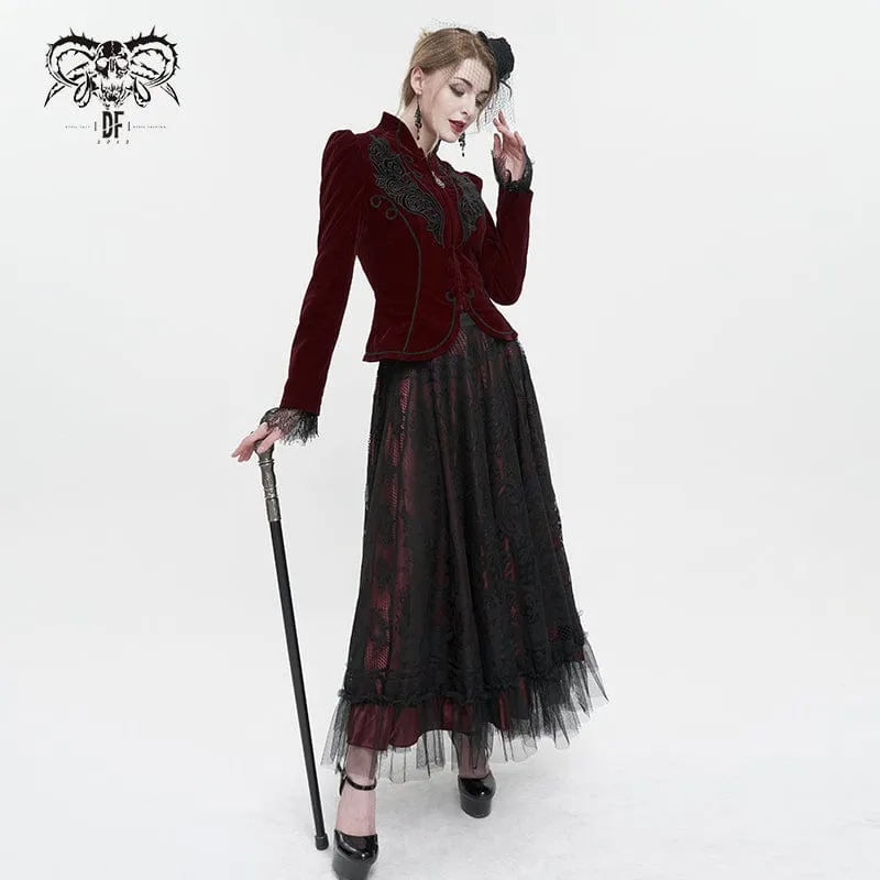 Damen Gothic Stehkragen Floral bestickte Jacke Rot