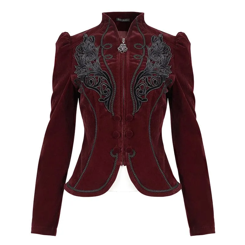 Damen Gothic Stehkragen Floral bestickte Jacke Rot