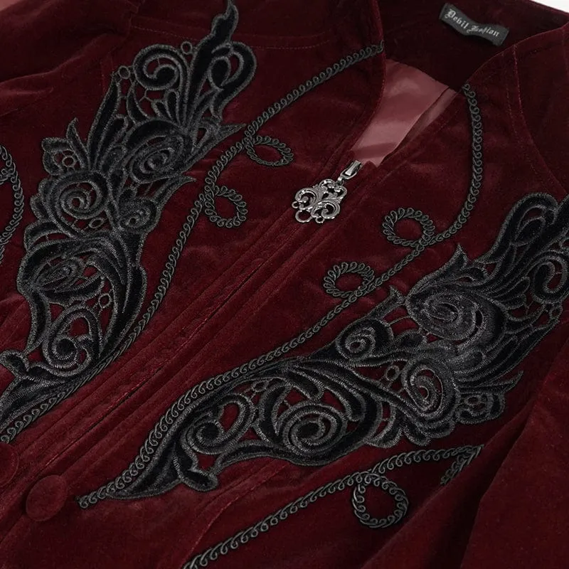 Damen Gothic Stehkragen Floral bestickte Jacke Rot