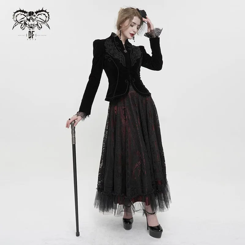Gotische Damenjacke mit Blumenstickerei und Stehkragen