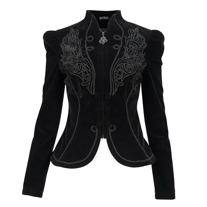 Gotische Damenjacke mit Blumenstickerei und Stehkragen