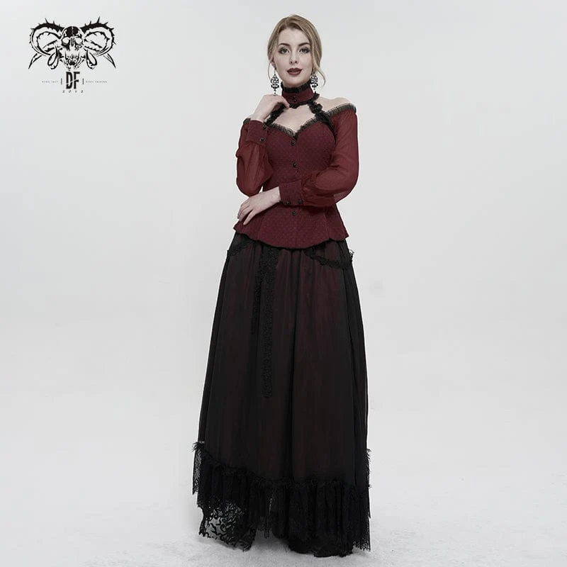 Damen Gothic Riemchen Off Shoulder Neckholder Shirt Rot