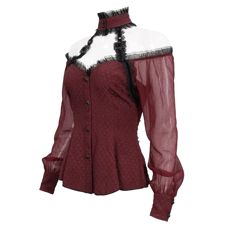 Damen Gothic Riemchen Off Shoulder Neckholder Shirt Rot