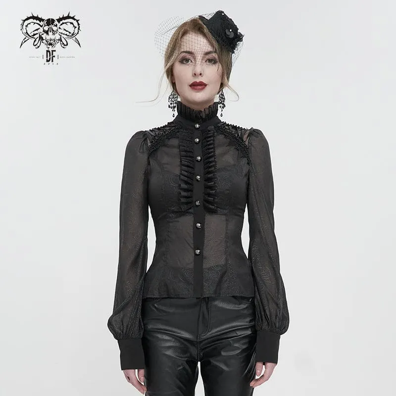 Gothic Riemchen Stehkragen Rüschenhemd für Damen