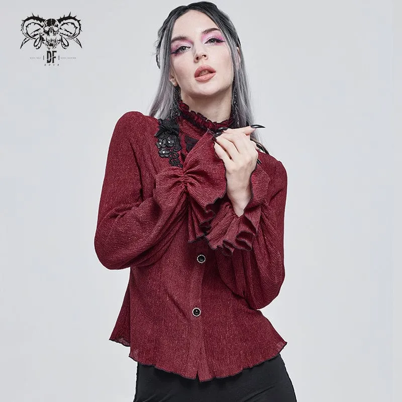 Damen Gothic Riemchen Puffärmel gerafftes rotes Shirt
