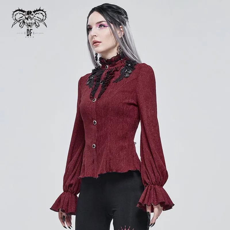 Damen Gothic Riemchen Puffärmel gerafftes rotes Shirt
