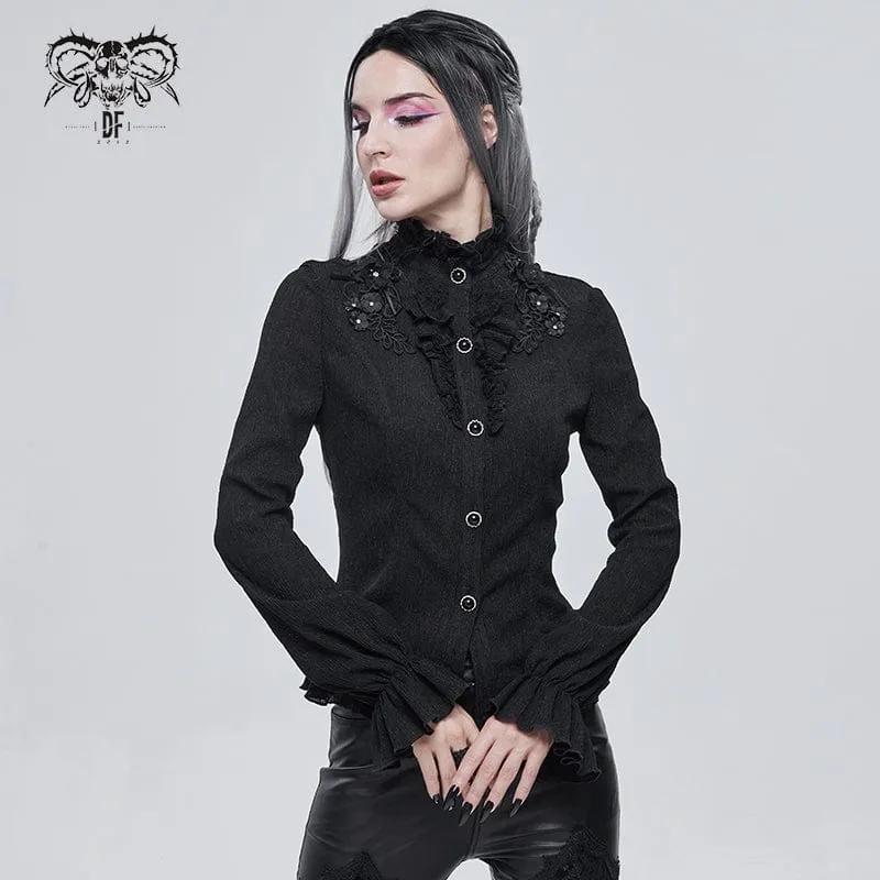Schwarzes Gothic-Shirt mit Puffärmeln und Riemchen für Damen