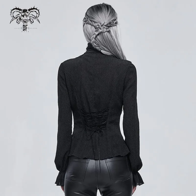 Schwarzes Gothic-Shirt mit Puffärmeln und Riemchen für Damen
