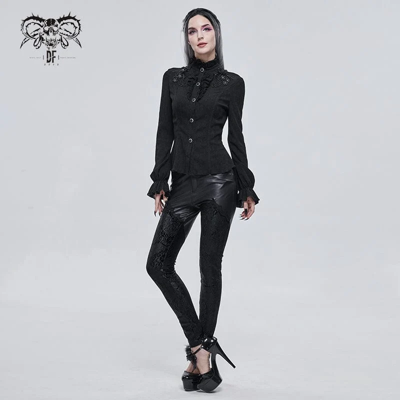 Schwarzes Gothic-Shirt mit Puffärmeln und Riemchen für Damen