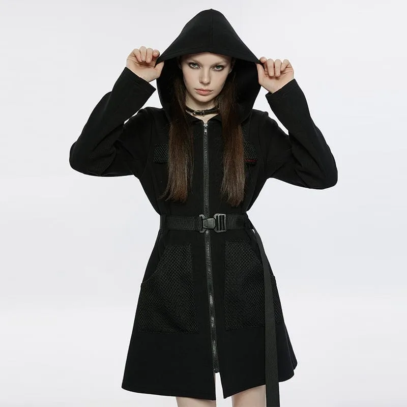 Damen-Punk-Mesh-Splice-Kleid mit Kapuze und Gürtel