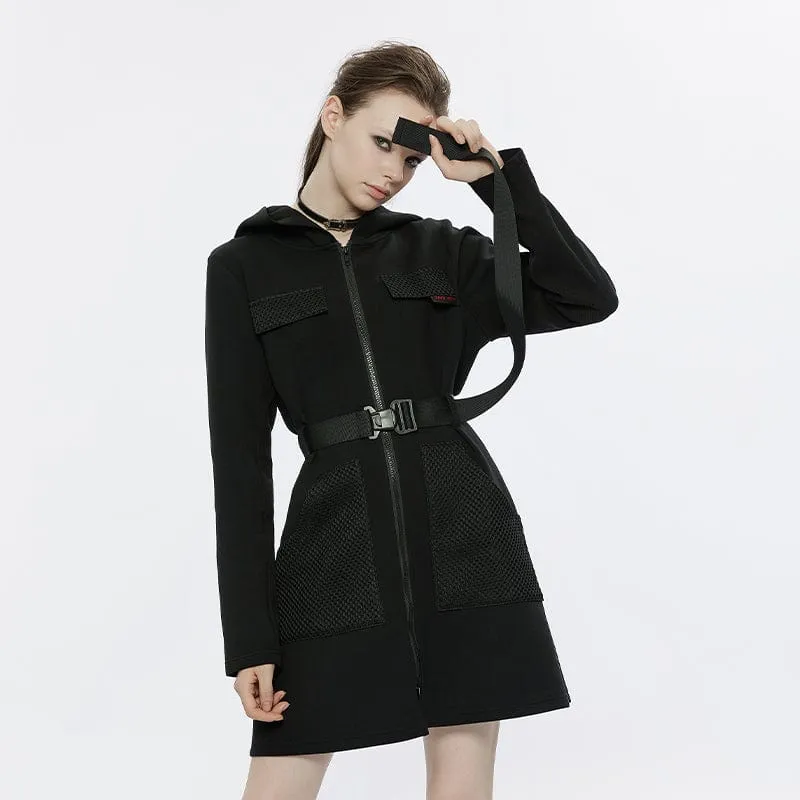 Damen-Punk-Mesh-Splice-Kleid mit Kapuze und Gürtel