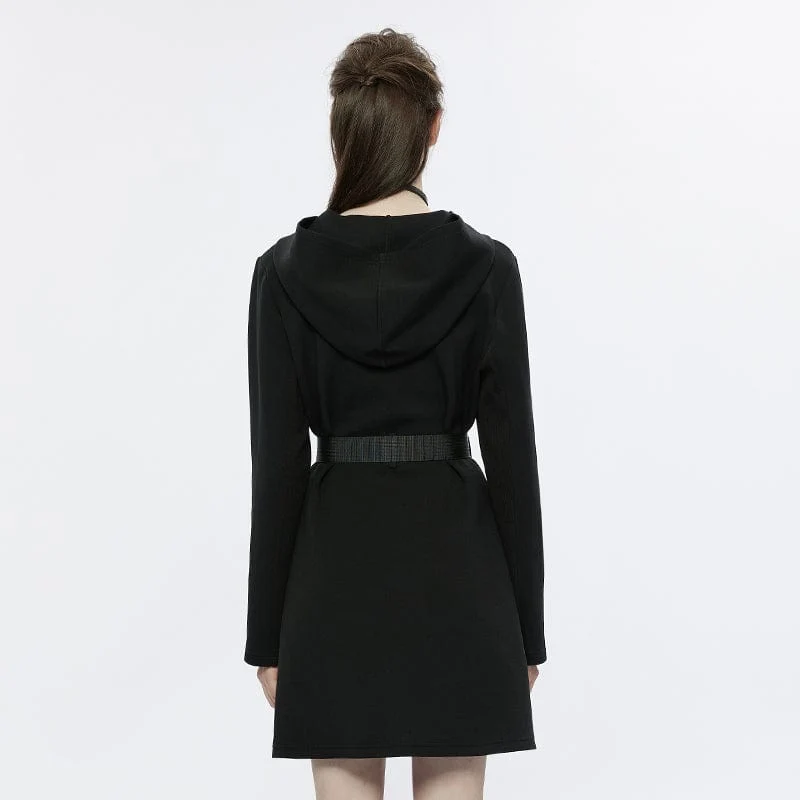 Damen-Punk-Mesh-Splice-Kleid mit Kapuze und Gürtel