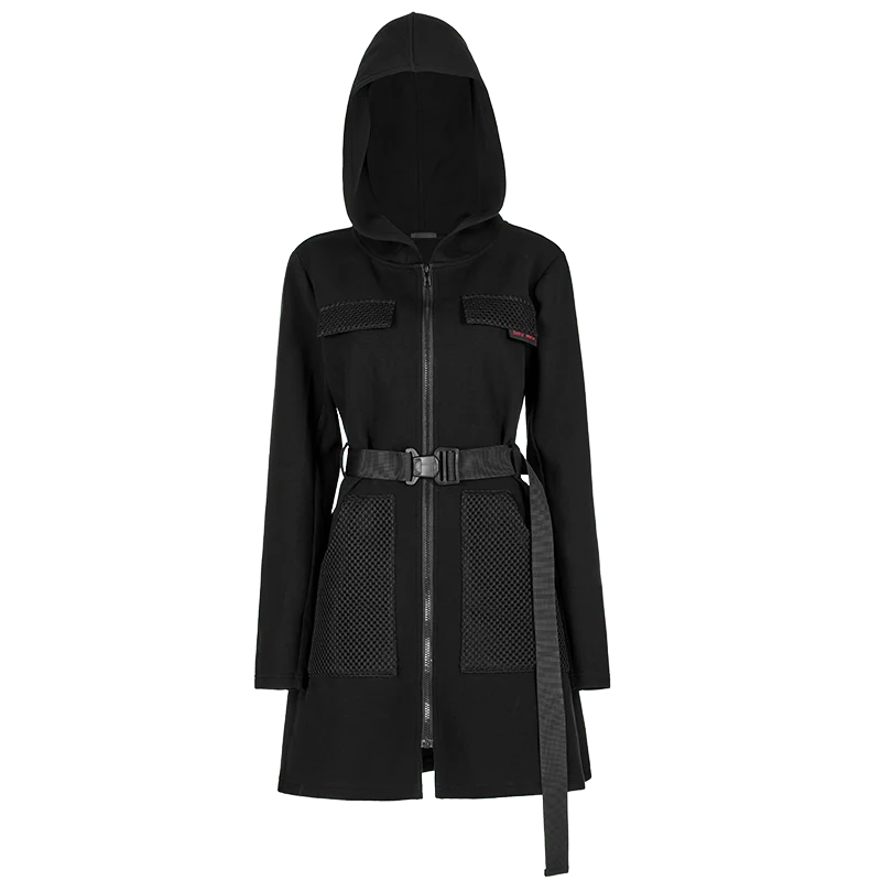 Damen-Punk-Mesh-Splice-Kleid mit Kapuze und Gürtel