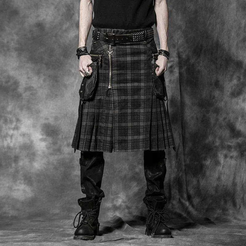 Punk Plissee Kilt für Herren mit Totenkopftasche