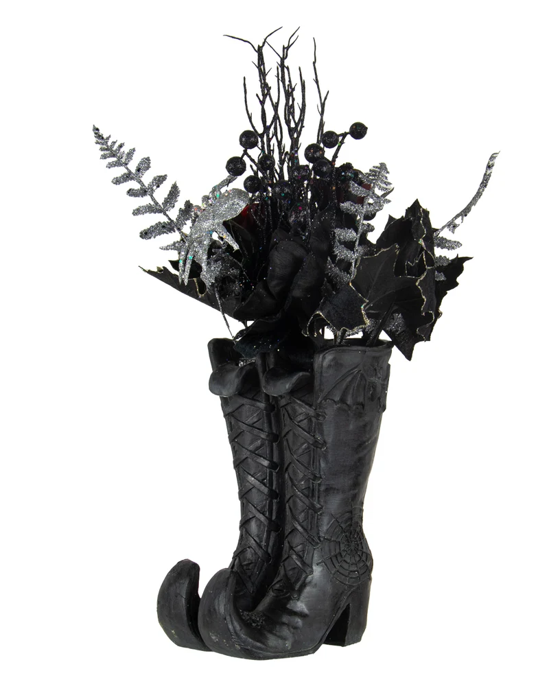 Hexenstiefel mit Gothic Glitzer Strauß Arrangement 55cm