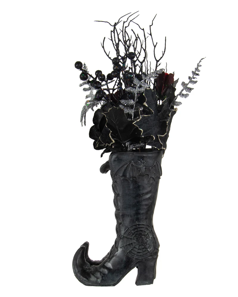 Hexenstiefel mit Gothic Glitzer Strauß Arrangement 55cm