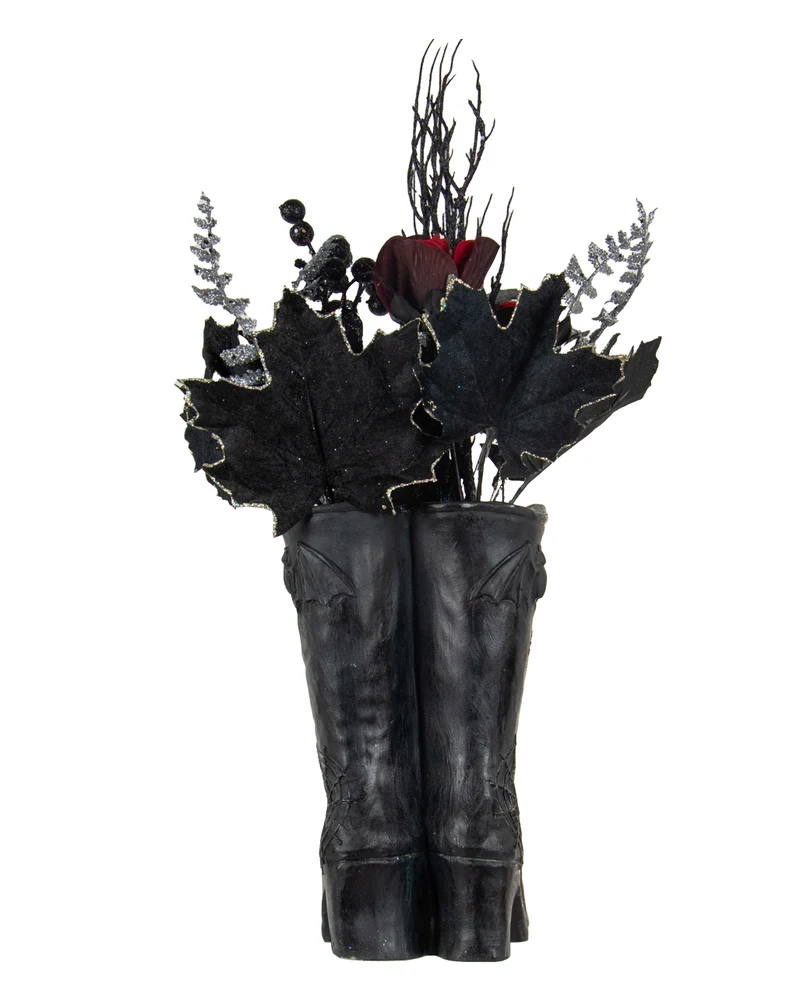 Hexenstiefel mit Gothic Glitzer Strauß Arrangement 55cm