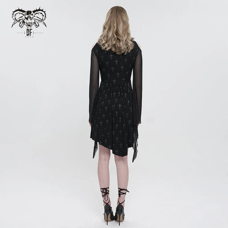 Gothic schulterfreies Kleid mit Kreuzdruck für Damen