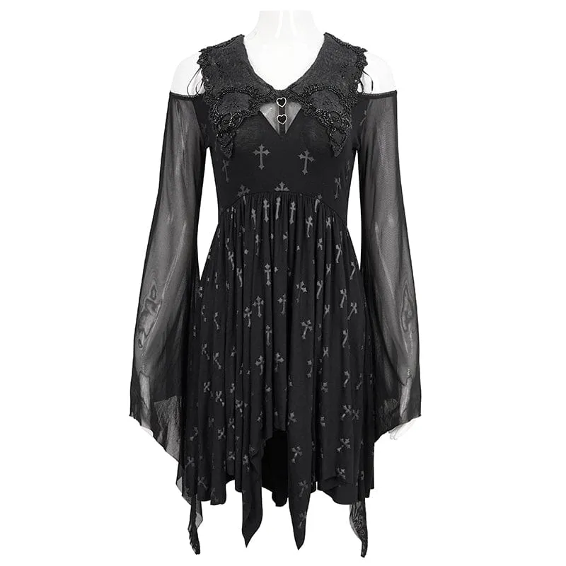 Gothic schulterfreies Kleid mit Kreuzdruck für Damen
