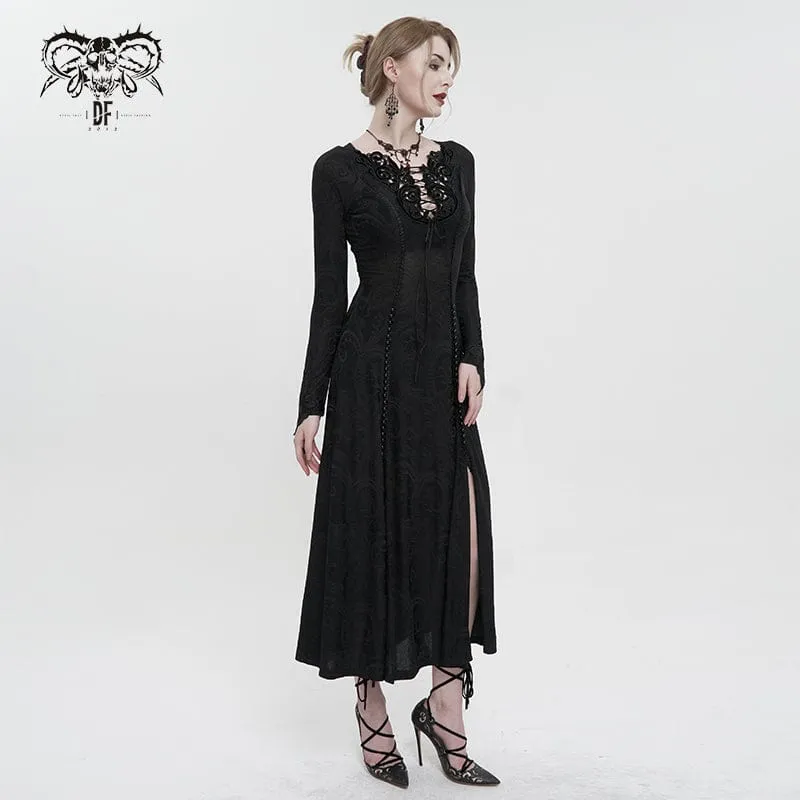 Damen Gothic Riemchen tiefes Blumen besticktes Kleid