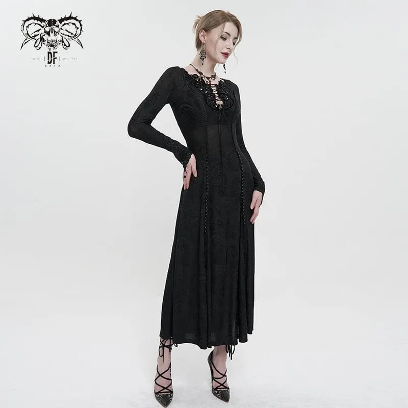 Damen Gothic Riemchen tiefes Blumen besticktes Kleid