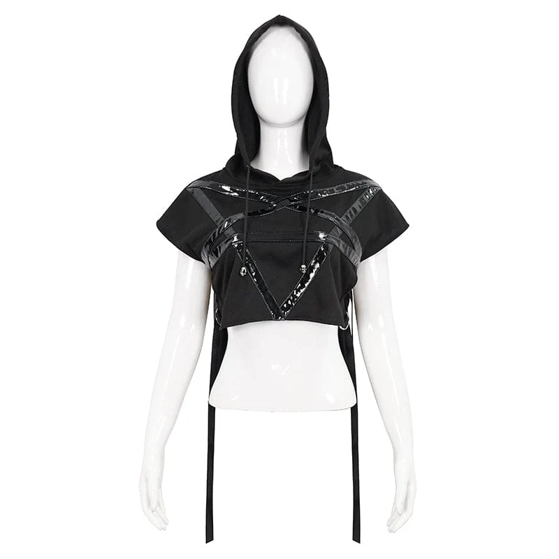 Damen Punk Strap Splice asymmetrisches kurzärmliges Crop Top