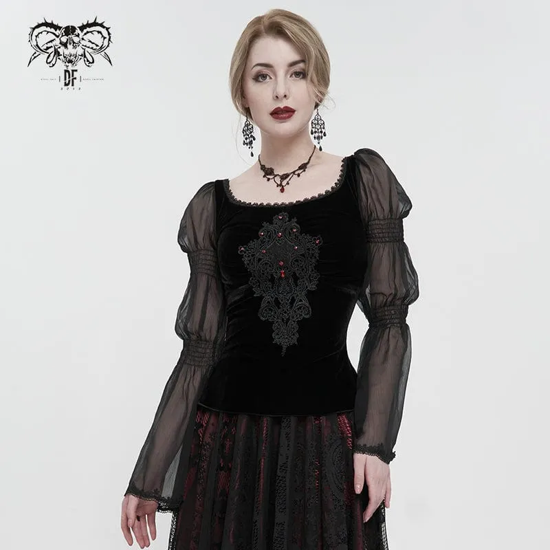 Gothic-Hemd mit ausgestellten Ärmeln und Blumenstickerei für Damen