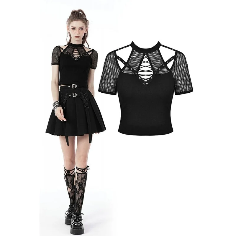 Kurzärmliges Mesh-Oberteil mit Punkrock-Ausschnitt für Damen