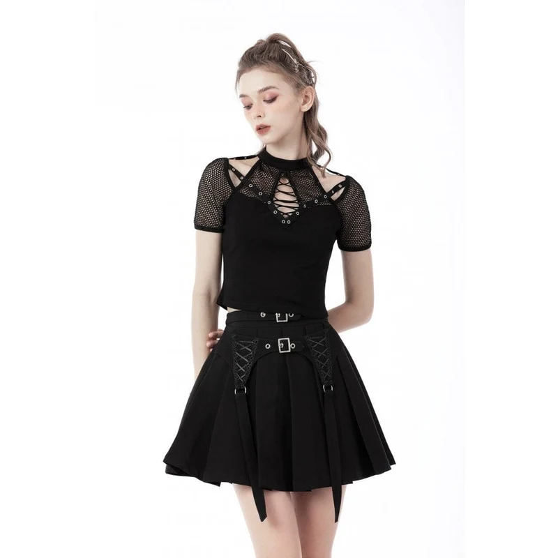 Kurzärmliges Mesh-Oberteil mit Punkrock-Ausschnitt für Damen