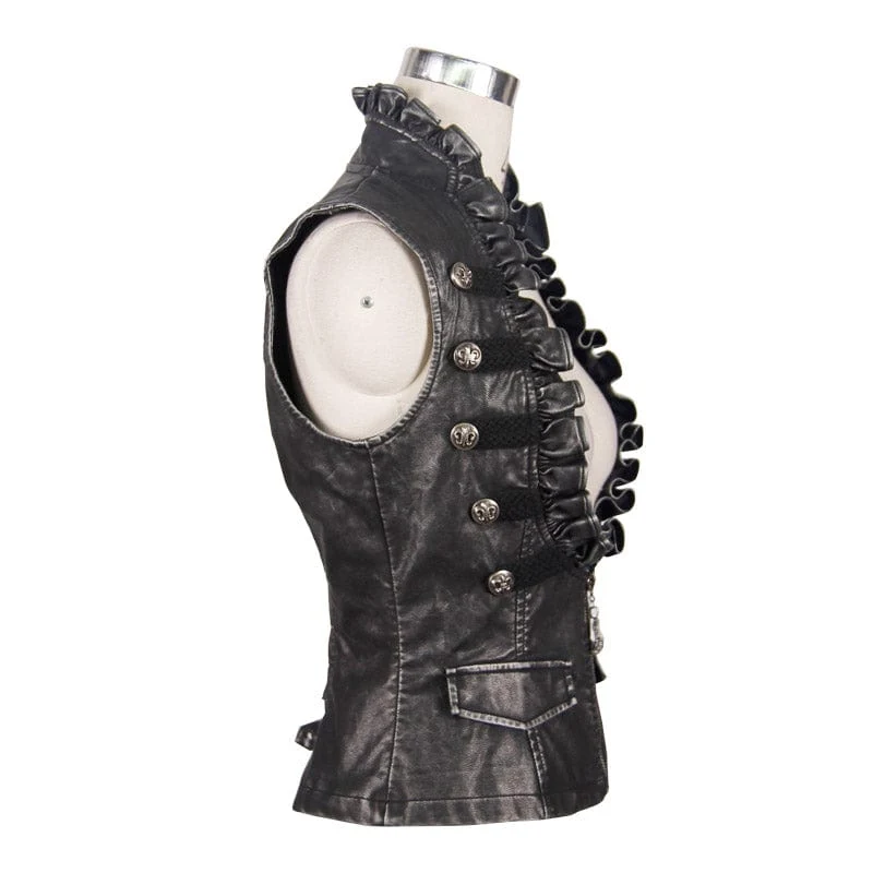 Damen Punk Kunstleder Weste mit Leder Rüschen