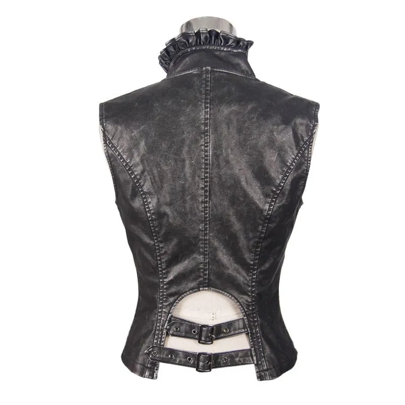 Damen Punk Kunstleder Weste mit Leder Rüschen