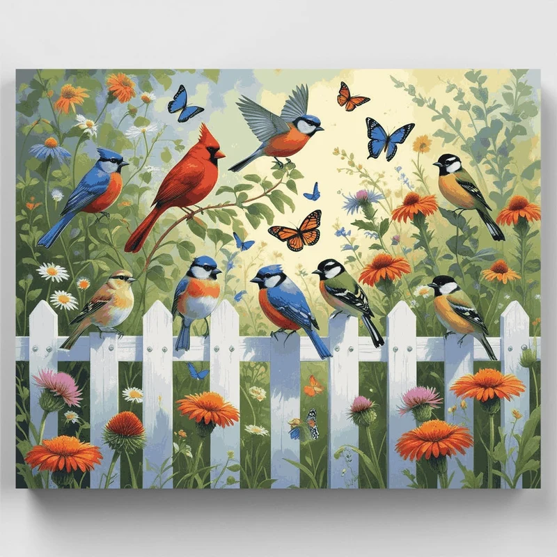 Garden Birds on White Picket Fence - Paint by Numbers Kit
