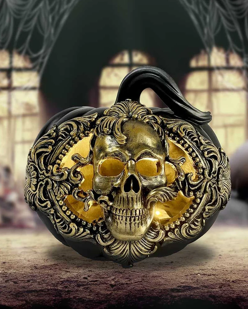 Black Baroque Pumpkin with golden Skull 20cm