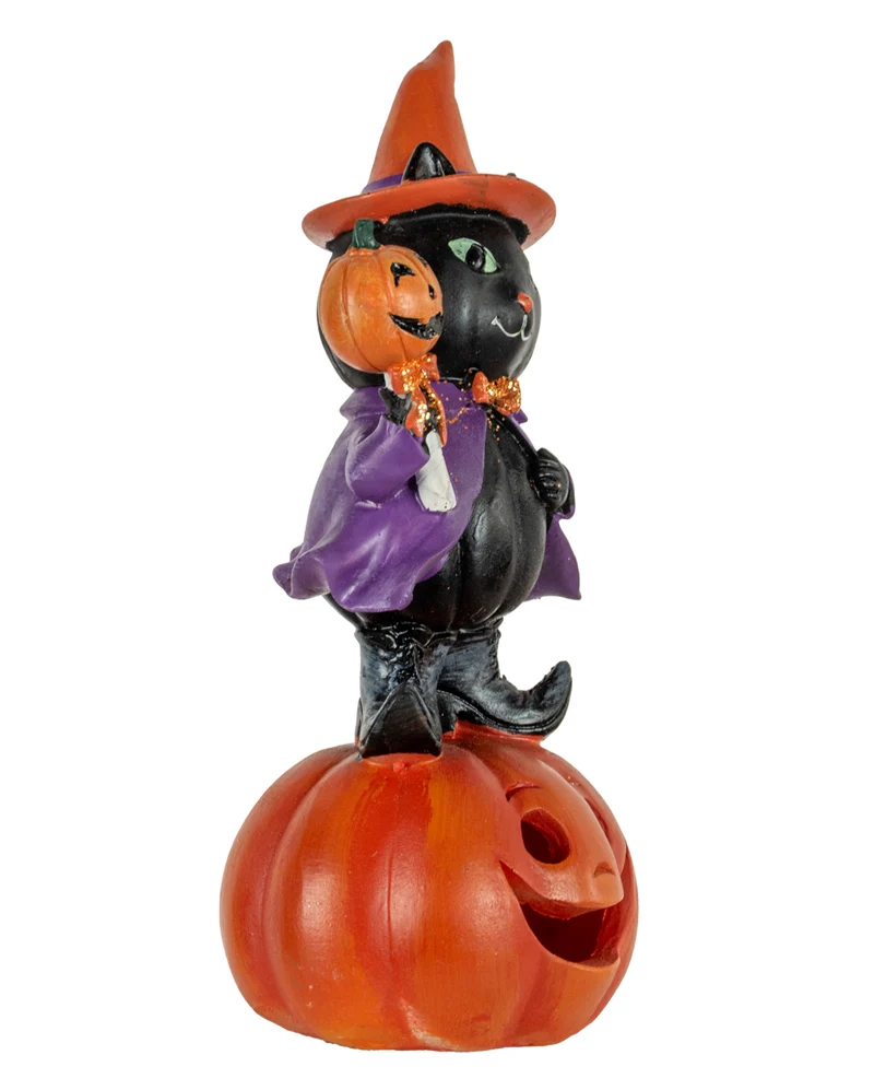 Hexenkatze auf Halloween Kürbis Figur mit LED 19cm