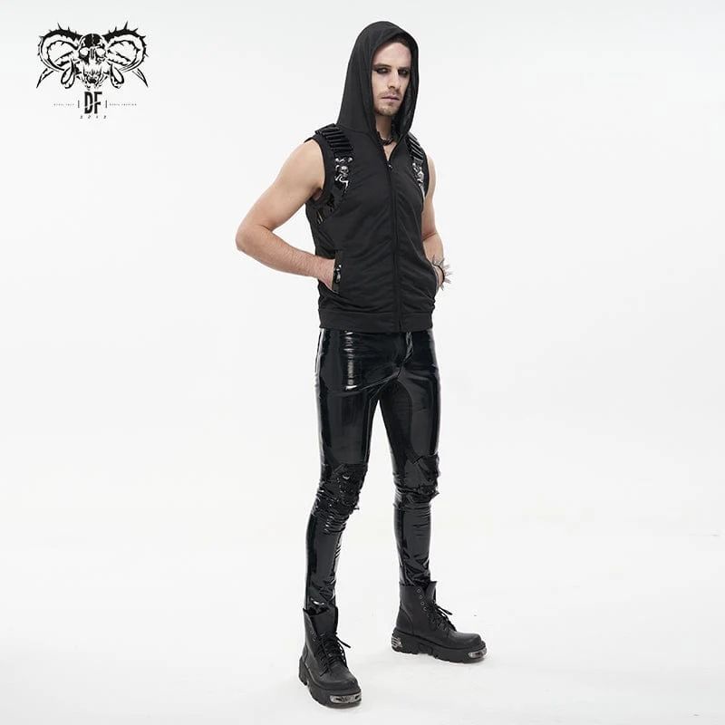Herren Punk Skull Kunstleder Splice Weste mit Kapuze