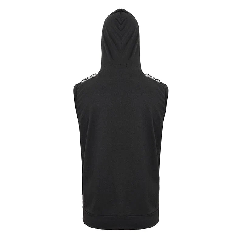 Herren Punk Skull Kunstleder Splice Weste mit Kapuze
