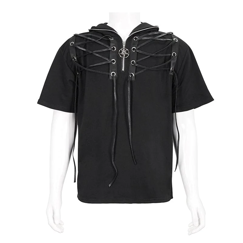 Herren Punk Strappy Star Zipper Shirt mit Kapuze