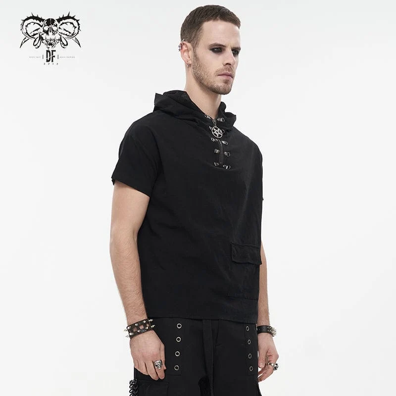 Herren Punk Strappy Mesh Splice Shirt mit Kapuze