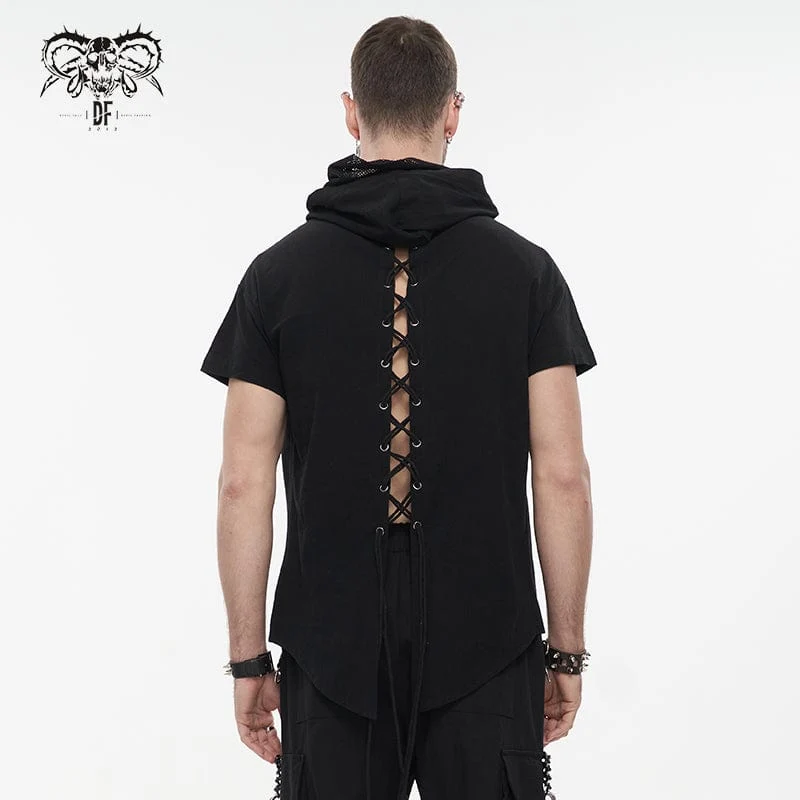 Herren Punk Strappy Mesh Splice Shirt mit Kapuze